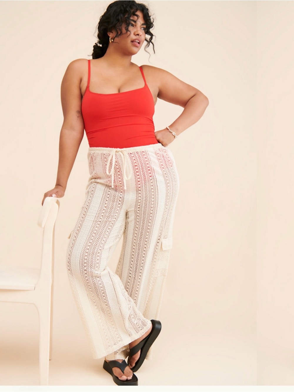 wild fable Cream Crochet Wide-Leg Drawstring Pants